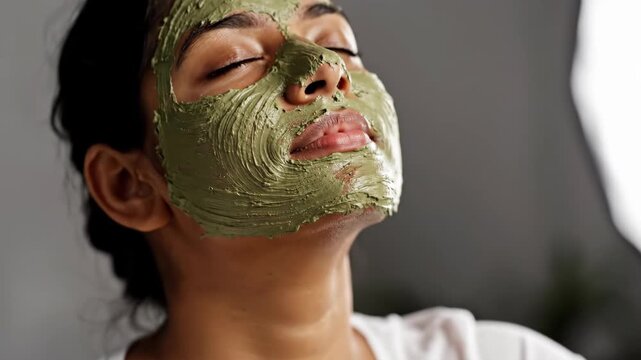 Woman with green face mask tilting head back, enjoying skincare treatment