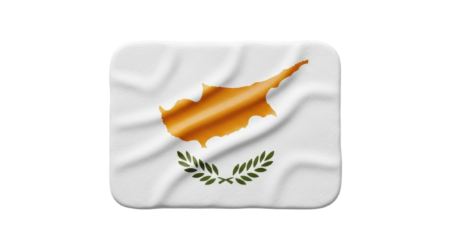 Cyprus flag on wavy fabric with map silhouette and laurel wreath