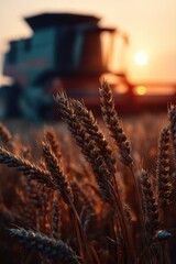 Obraz premium Macro View of Wheat Heads at Sunset with Harvesting Machinery in Background