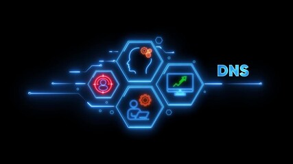 DNS neon icons with glowing lines on black background domain name system network - Powered by Adobe