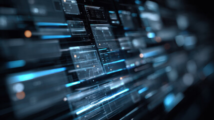 Dynamic Floating Digital Interface Screens With Glowing Blue Transparent Panels In Futuristic Virtual Reality Technology Environment