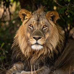 Fototapeta premium Close-up of a regal lion with a golden mane, gazing directly at camera
