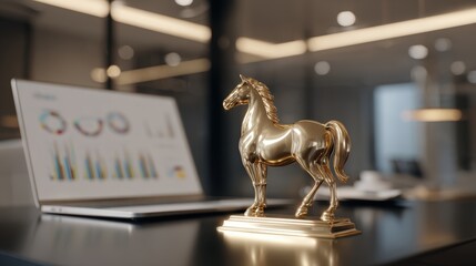Modern Office Scene with Golden Horse Statue and Laptop Displaying Charts