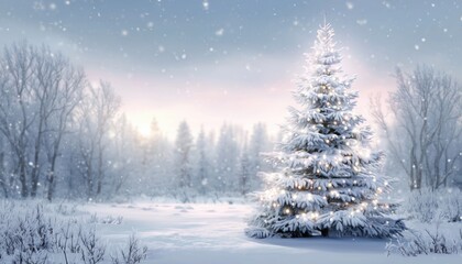 Fototapeta premium Idyllic White Snowy Landscape With A Glowing Christmas Tree, Greeting Card For December Holiday Season With Space For Christmas Message