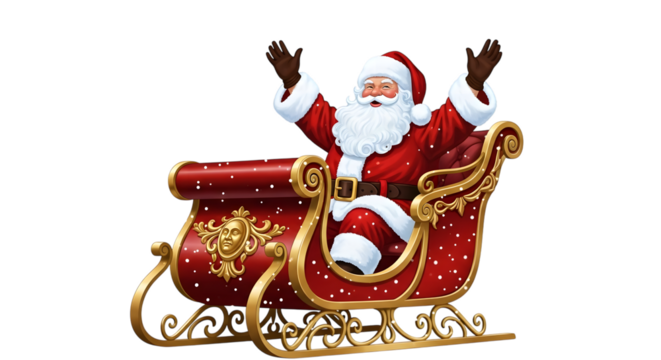 Cheerful Santa Claus in a Red and Gold Sleigh with Arms Raised isolated on a transparent background Christmas - Powered by Adobe