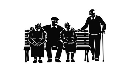 Celebrate the wisdom of age with this evocative graphic of seniors relaxing on a park bench sharing stories and enjoying companionship together, Generative AI.