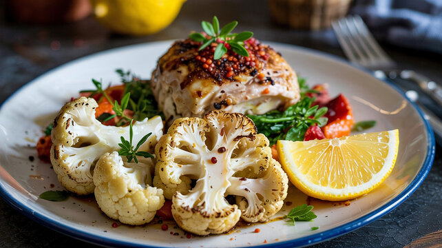 The meal is served with a side of lightly seasoned rasted cauliflower and a leon wedge.