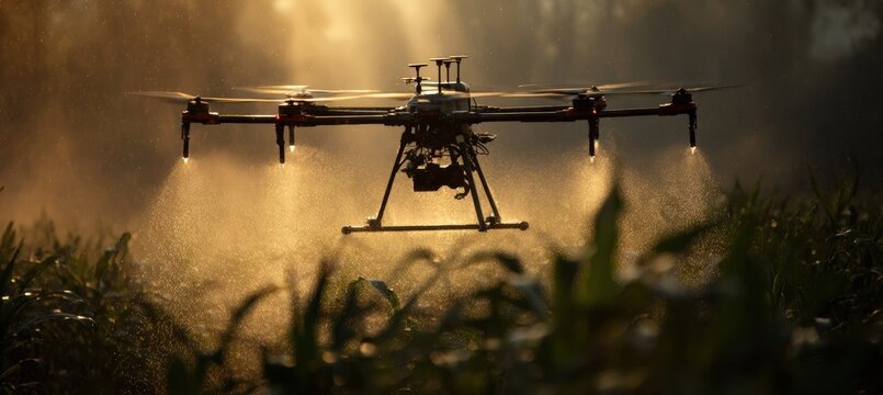 Quadcopter Drone Spraying Water Over Cornfield in Dramatic Backlight