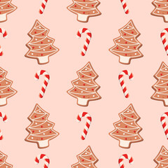 Seamless pattern with gingerbread cookie in form of Christmas tree decorated of sugar icing and candy cane on a light beige background. Vector festive background.
