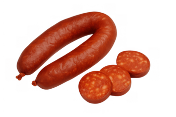 Chorizo sausage loop and sliced rounds showing cured spiced pork meat texture on transparent background