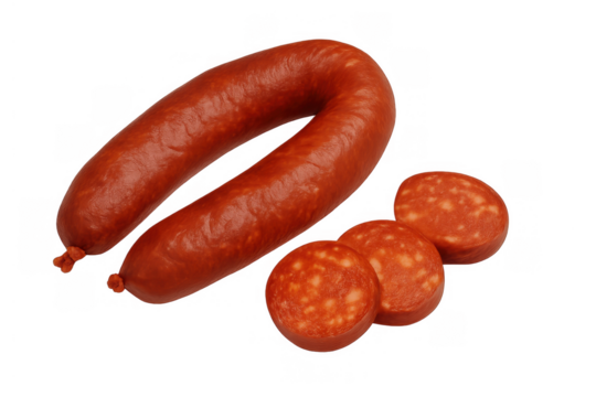 Chorizo sausage loop and sliced rounds showing cured spiced pork meat texture on transparent background
