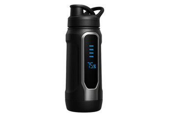 Smart water bottle displaying 75% hydration level, a modern fitness gadget for health tracking, transparency