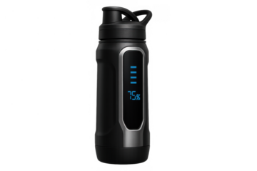 Smart water bottle displaying 75% hydration level, a modern fitness gadget for health tracking, transparency