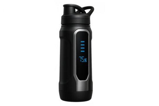 Smart water bottle displaying 75% hydration level, a modern fitness gadget for health tracking, transparency