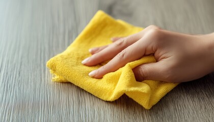 Woman'S Hand Using A Microfiber Cloth To Clean Kitchen Surfaces. Effectively Absorbs Spills And Can Be Reused Multiple Times For Cleaning Tasks.