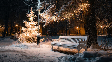 Snow-Covered Bench by Lit Christmas Tree in a Quiet Park, Warm Holiday Lights, Night Scene