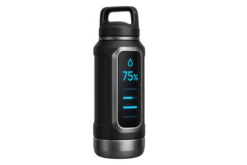 Smart water bottle displaying hydration level and fill percentage with digital interface for health and fitness tracking