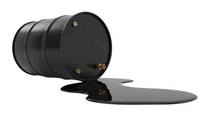 A black barrel lies on its side with oil spilling out onto a dark surface.
