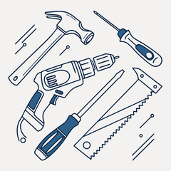 Illustration of various hand tools including hammer, drill, screwdriver, and saw isolated on the design is simple, clean and modern, perfect for use in a variety of projects