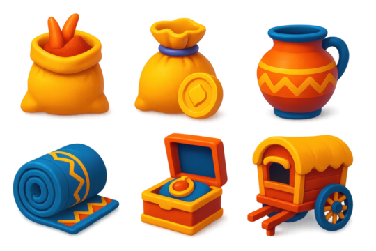 Set of six cartoonish objects, including a sack, a coin, a vase, a box