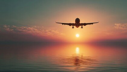 Commercial Airplane Soaring Above The Ocean With The Sun In The Background, Creating A Silhouette Against The Sky.