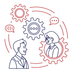 Illustration of two people communicating with gears rotating around them, symbolizing teamwork and collaboration, isolated on