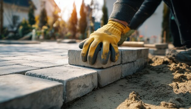 Professional Paver Worker Creates Garden Brick Pathway By Laying Gray Concrete Paving Slabs In Layers On Sand Foundation Base