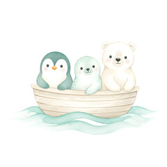 Obraz premium Watercolor Illustration of Arctic Animals in Boat