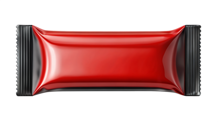 A glossy, red and black silver metallic energy bar wrapper mockup, isolated on a pure white background and a separate transparent background