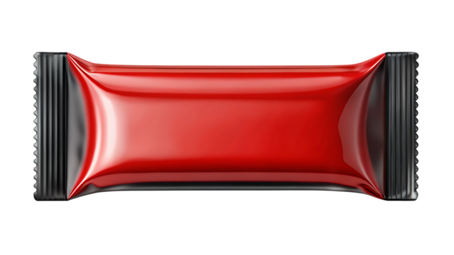 A glossy, red and black silver metallic energy bar wrapper mockup, isolated on a pure white background and a separate transparent background
