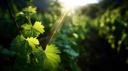 Sunlight Beams Illuminate Lush Grapevines in an Organic Vineyard During Early Morning Hours