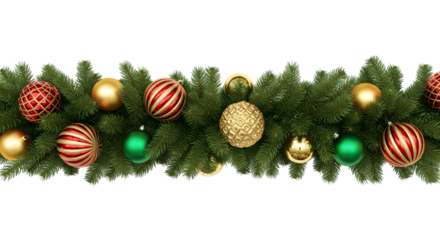 Christmas garland with red gold and green baubles on pine branches isolated on a transparent background