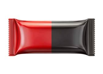 A glossy, red and black silver metallic energy bar wrapper mockup, isolated on a pure white background and a separate transparent background