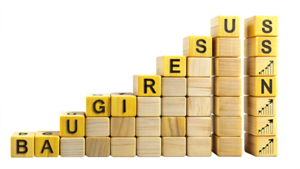 Business growth ladder built from yellow wooden cubes symbolizing long-term planning, isolated on a pure white background and transparent background