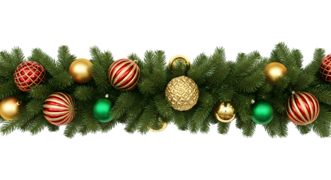 Christmas garland with red gold and green baubles on pine branches isolated on a transparent background