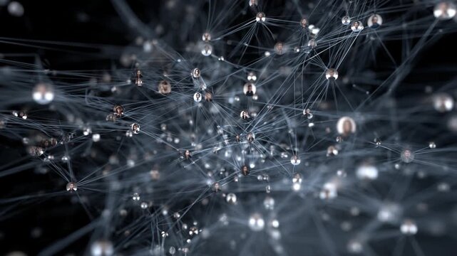 Interconnected Network of Abstract Spheres: A mesmerizing depiction of a complex network composed of interconnected spheres and lines, representing intricate connections in a vast, abstract space. 