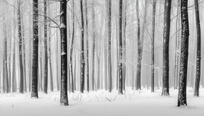 Snow-Covered Trunks Of Young Deciduous Trees In A Black And White Frozen Forest.