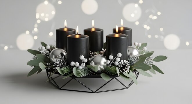 Black advent wreath with candles and festive decoration - Powered by Adobe
