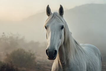 Obraz premium White Mare in Foggy Sunrise with Serene Atmosphere