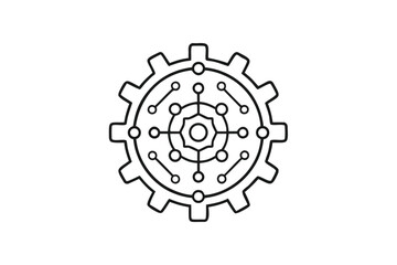 A black gear is interconnected with network nodes, forming a technologyinspired abstract mechanical structure