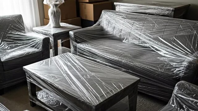 Furniture wrapped in plastic wrap.  Furniture wrapped in clear plastic for moving.