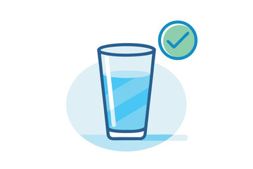 A blue outlined glass filled with pure water has an approval check mark icon