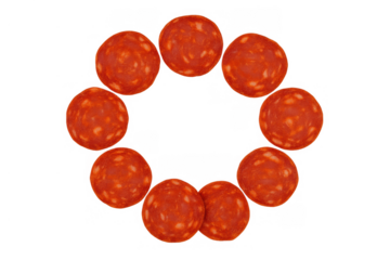 Pepperoni slices forming a circular frame, adding flavor to culinary designs on a transparent background