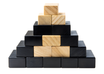 Wooden black block pyramid for long-term business strategy, isolated on a pure white background and transparent background