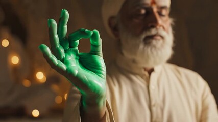 Meditating person with hand in ok gesture illuminated with green light indoor warm scene - Powered by Adobe