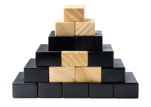 Wooden black block pyramid for long-term business strategy, isolated on a pure white background and transparent background
