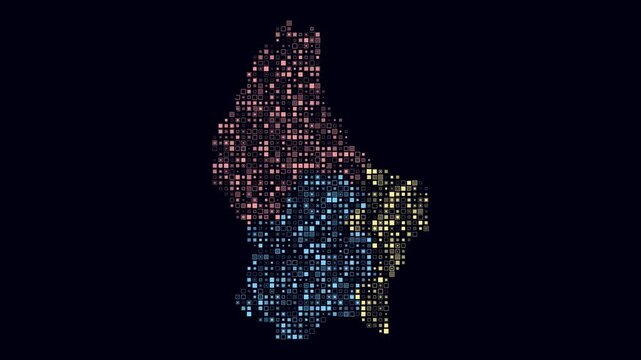 Luxembourg animated country shape. Pulsating colored dots on the map of the country. Small size square blocks. Digital style Luxembourg map on dark background. Trending animation video.