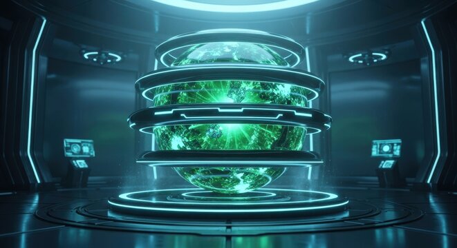 Advanced holographic display of Earth in a futuristic laboratory setting showcasing green energy and technology