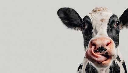 Adorable Cow Sticking Out Tongue And Licking Nose On White Background: Playful Farm Animal With Funny Expression. Cute Black And White Cow.