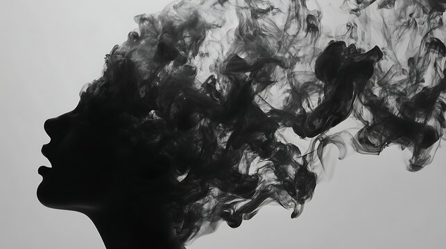 Elegant silhouette of a womans head filled with dark, swirling smoke, creating a captivating and mysterious atmosphere on light background